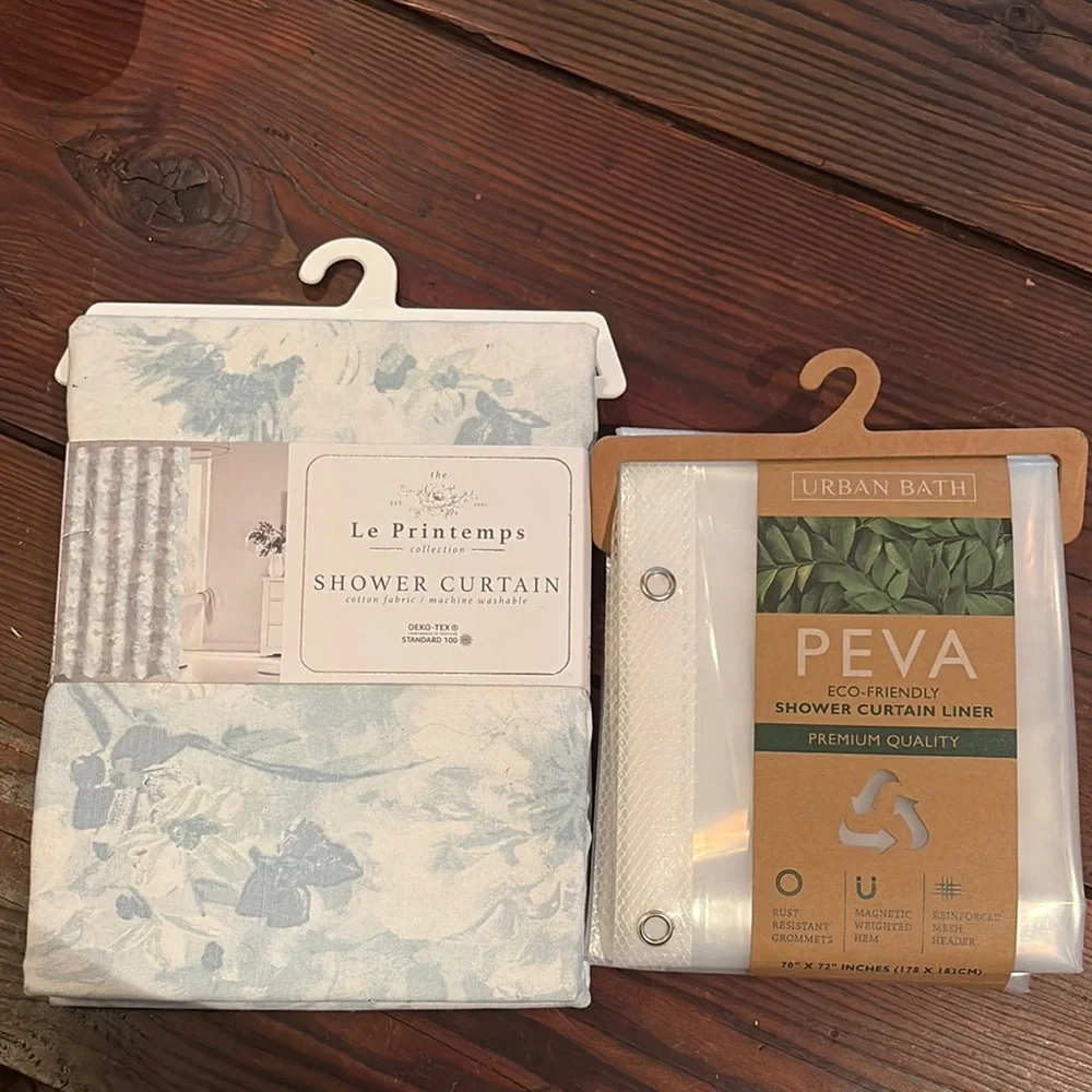 Light Blue Floral Shower Curtain by Le Printemps & Peva Clear liner